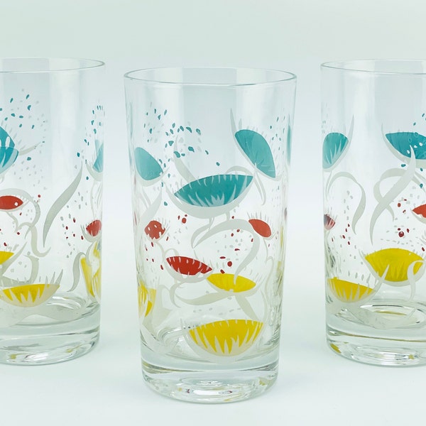 Vintage set of glass tumblers, MCM mod flowers glasses, blue, yellow and red floral water or juice glasses, retro barware, set of 3, 8.5 oz