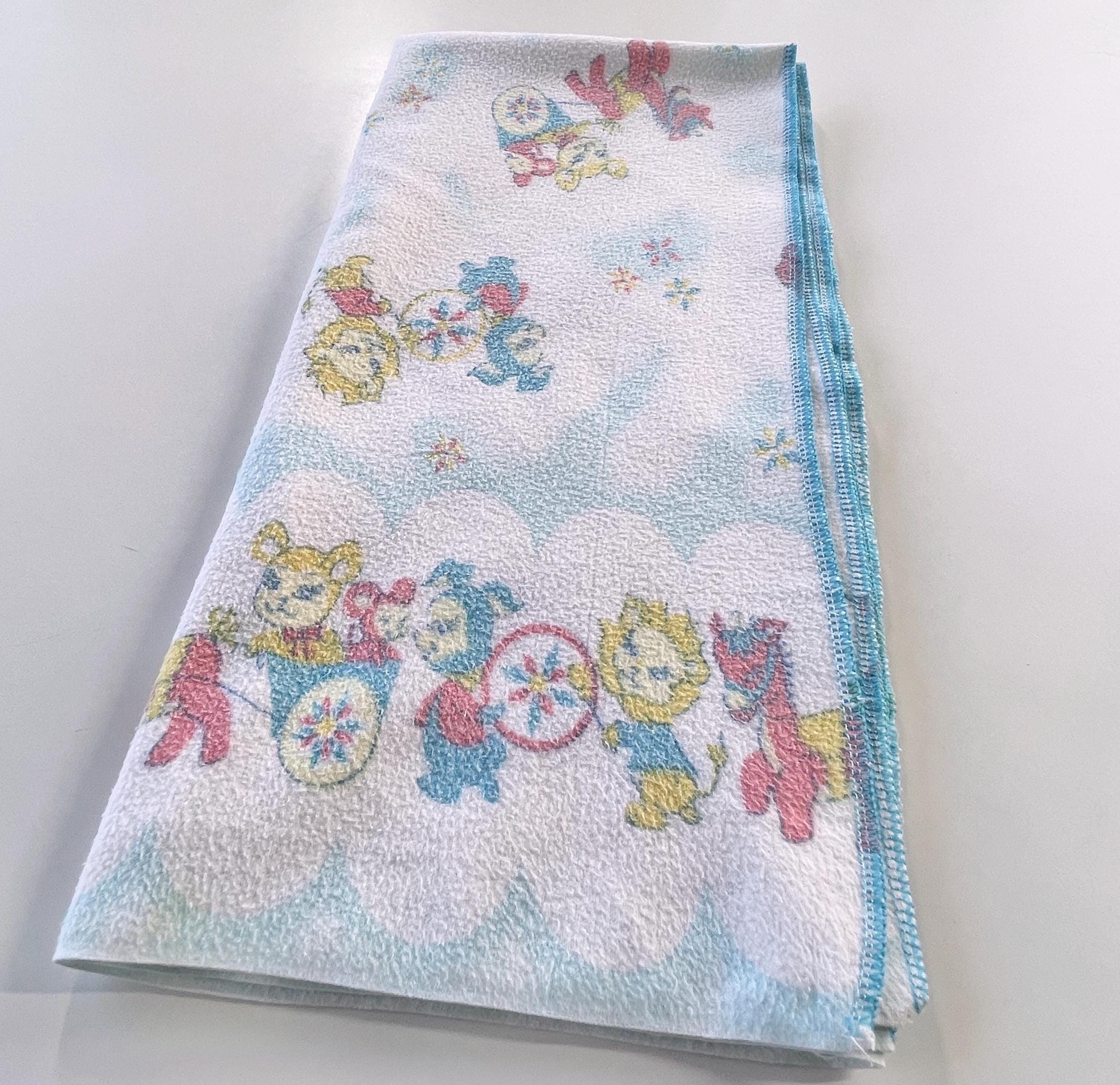 Vintage 60s baby blanket, animals on a parade, soft pastel flannel, 1960s security blankie, childhood nostalgia, 100% cotton, 34" x 33"
