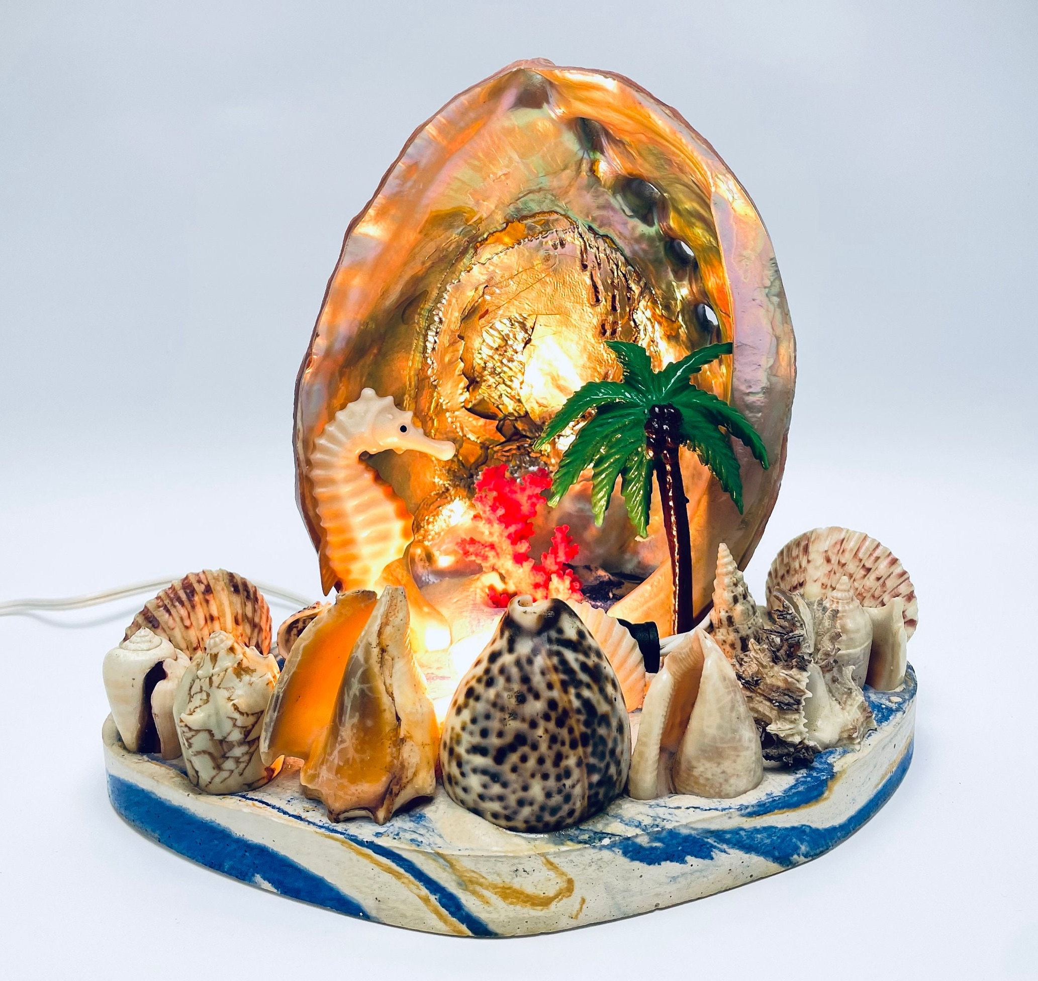 Vintage 60s seaside table lamp seashell kitsch seahorse palm tree and seashell 1960s bedroom nautical decor coastal beach house 9 tall
