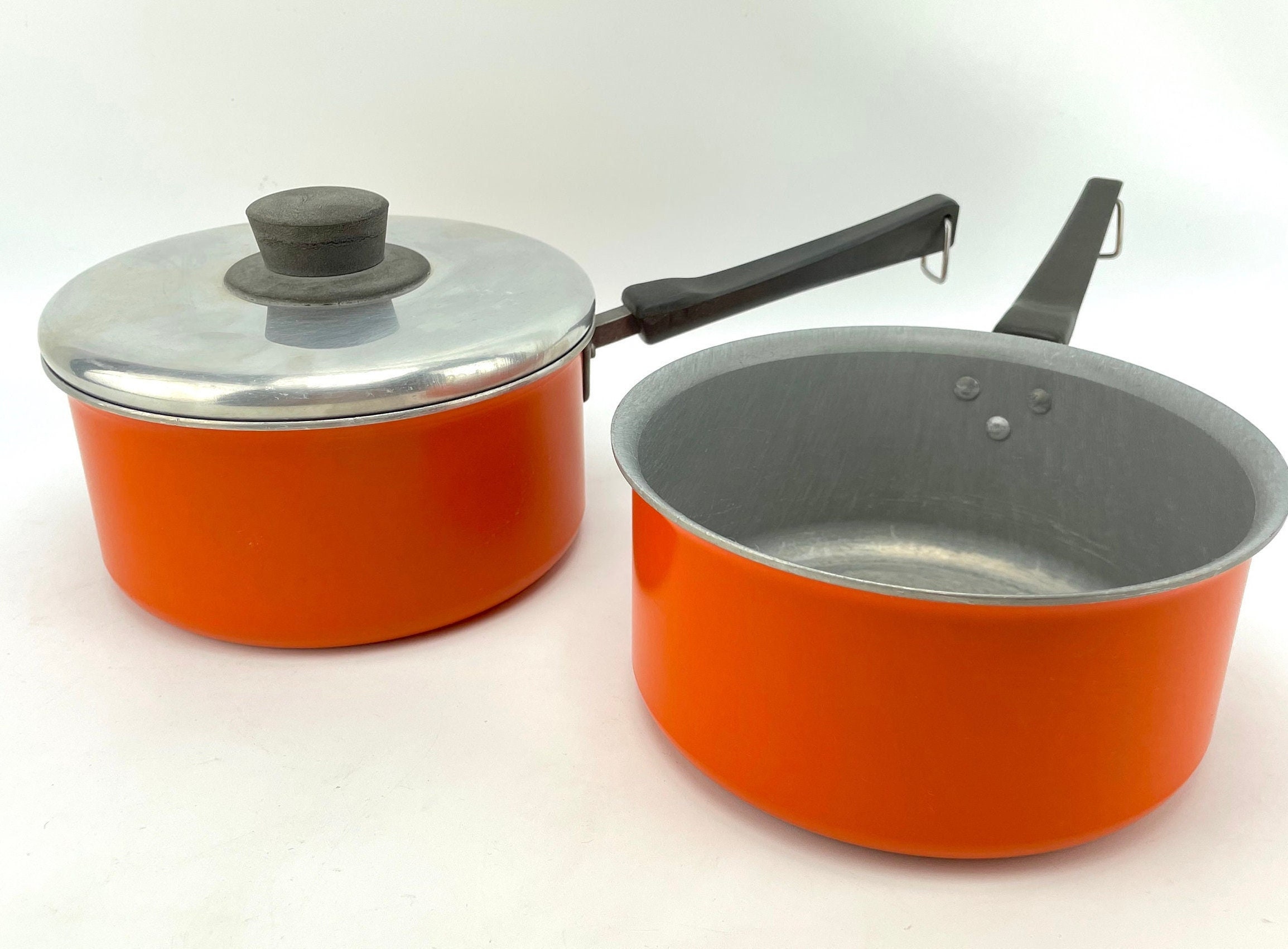 Vintage 70s Aluminum Pots Set Burnt Orange T-fal Enamel 