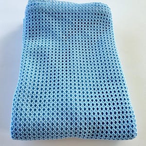 Vintage 80s shower curtain, powder blue, wide mesh open weave pattern, decorative fabric curtain, 1980s bathroom decor, 66" wide x 70" long