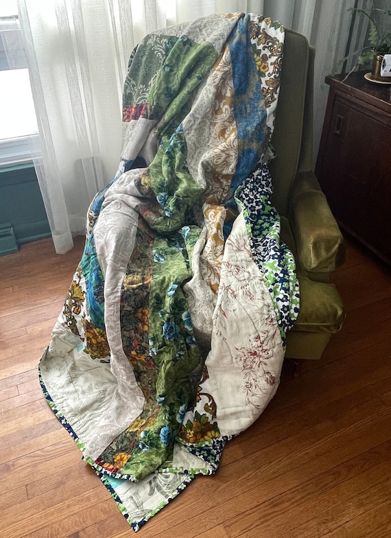 Vintage 70s Patchwork Quilt, Handmade Blanket, 1970s Hand