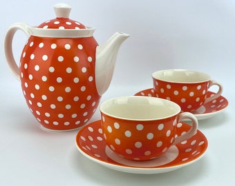 vintage Villeroy and Boch, cups saucers and teapot set, Lubeck Villeroy Boch, Lilo pattern, orange and white polka dots, *IMPERFECT*