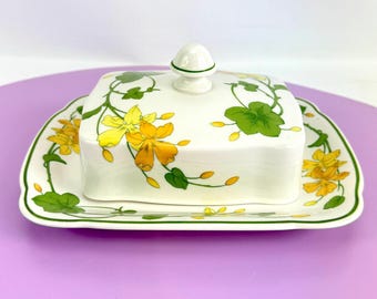 Vintage 1980s covered butter dish, rare Villeroy & Boch Geranium pattern, yellow, orange and green flowers, cream background, rectangular