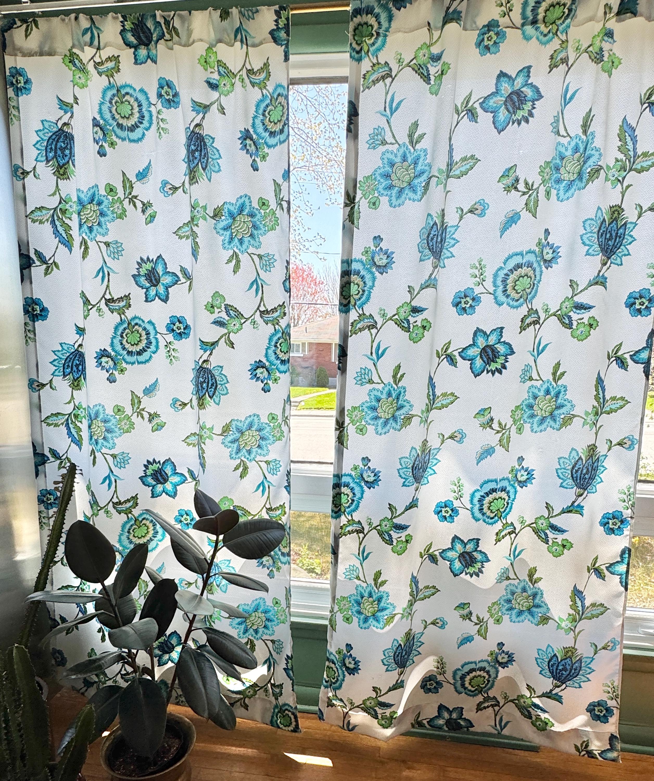 美品！50's〜60'sアメリカアンティーク植物柄カーテン生地ビンテージUSA Pair of Vintage 1960 White Curtains, Large Blue, Green, Teal