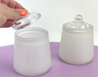 Vintage Hazel Atlas vanity jars, frosted glass lidded jars, bowl with lid, MCM bathroom accessories, pair or nursery containers