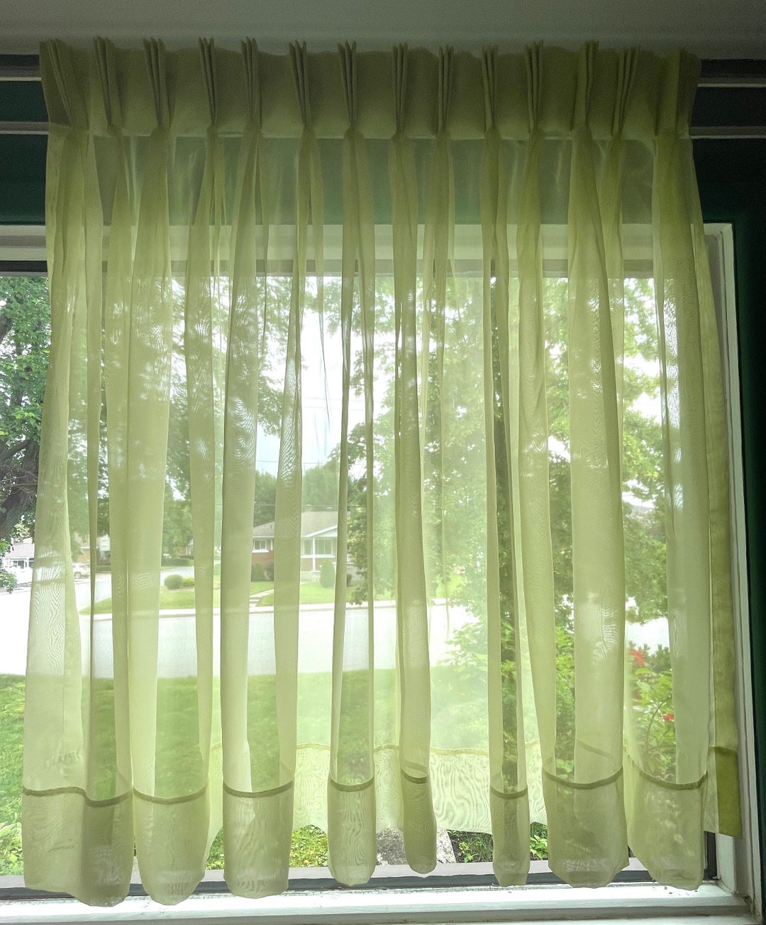 Vintage 80s Sheer Curtain Panel, Pastel, Mint Green Pleated Curtain