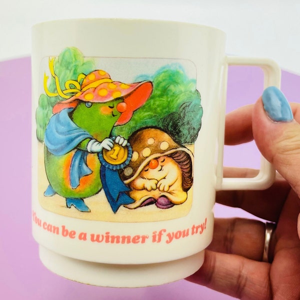 Vintage Avon Somersaults cup, melamine mug, 1986 Avon Somersaults Mushroom and Pear, plastic cup, 8 oz