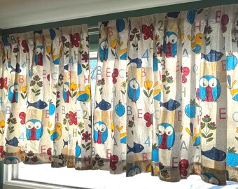 Vintage 70s pleated curtains, nursery child bedroom pair of panels, juvenile novelty print, owls, birds, gender neutral, 40" wide x 44" long