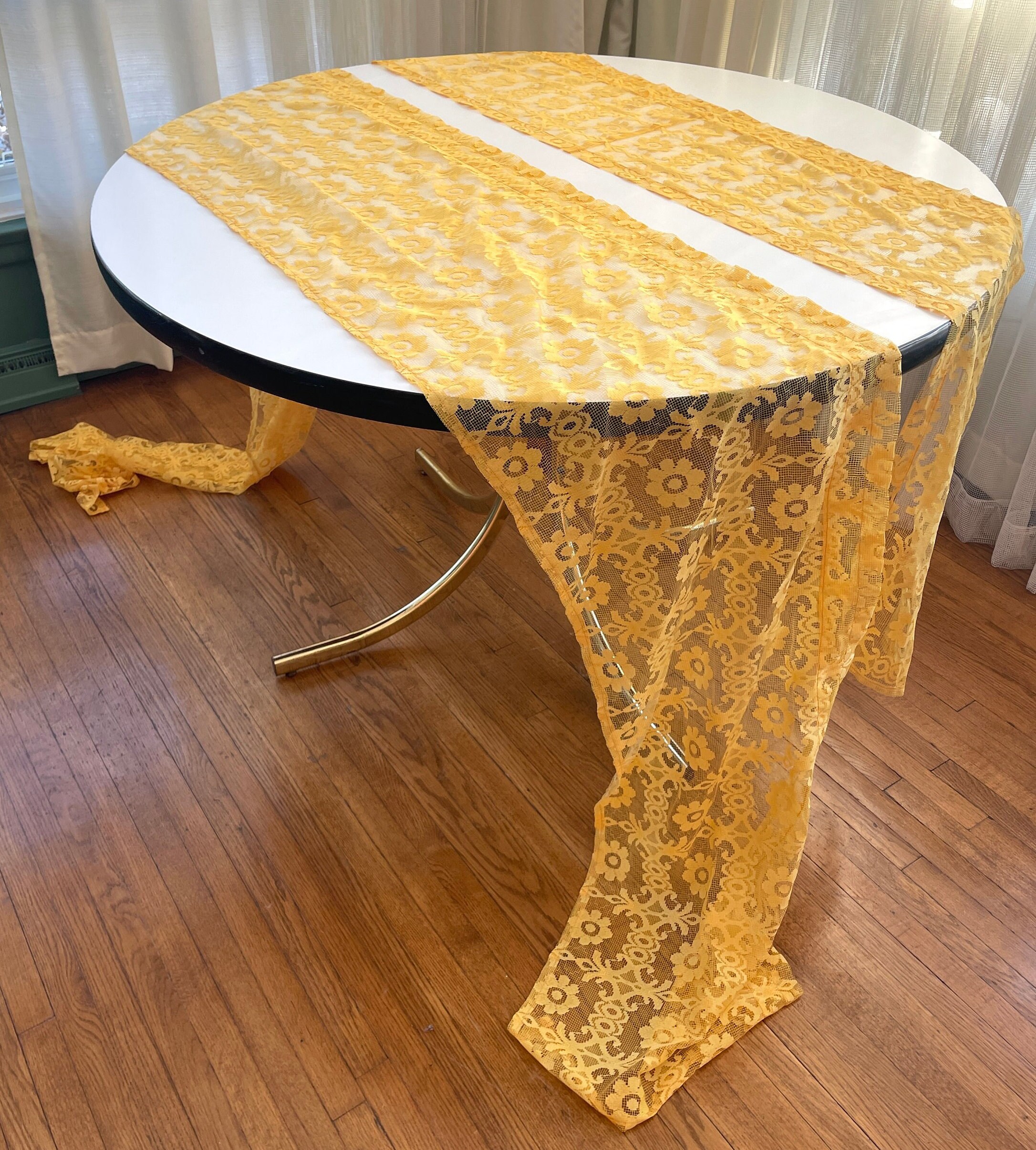 Vintage 1970s Mesh Curtain, Rod Heading, Golden Yellow