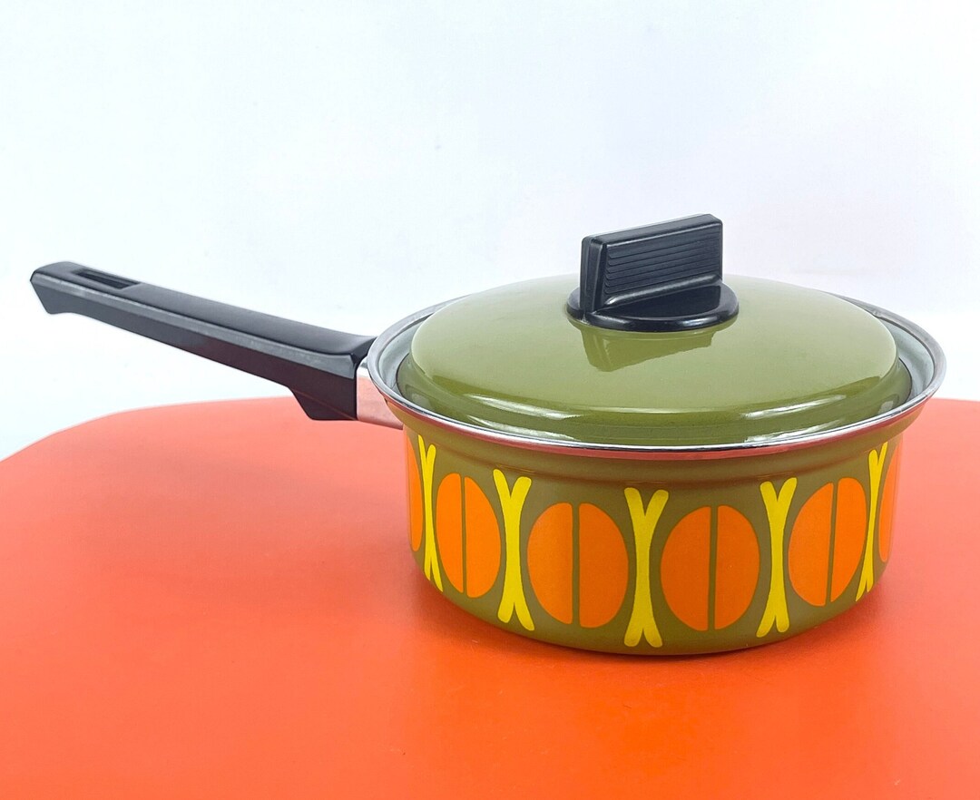 Vintage 70s Enamel Pot With Lid, Groovy Pattern, Avocado Green, Orange ...