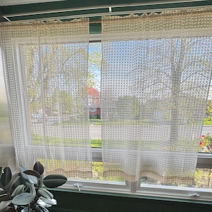 Puede incluir: Dos cortinas de encaje blanco roto cuelgan de una ventana, permitiendo una vista de una escena exterior soleada. Las cortinas tienen un patrón repetitivo de pequeños círculos y un borde decorativo. Una planta de interior está en primer plano.