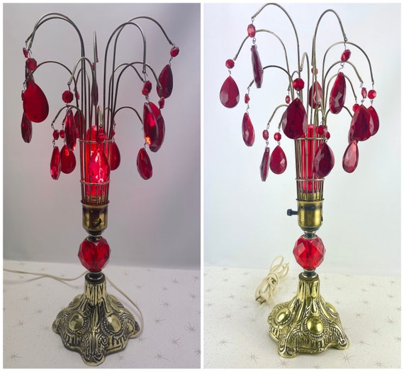 Vintage 50s Table Lamp, Hollywood Regency, Cranberry Red Crystal 