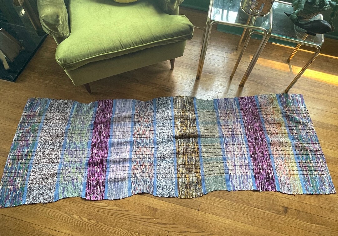Kitchen Rag Rug Blue Vintage 1960s Kilim, Handmade Rag Rug, Blue, Green, Purple Entryway or ...
