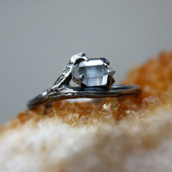 Herkimer diamond gemstone ring,raw crystal quartz,sterling silver,branch,twig,alternative April birthstone,rough stone ring.