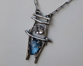 Rose cut Kyanite and Herkimer diamond,handrafted branch necklace,sterling silver OOAK.