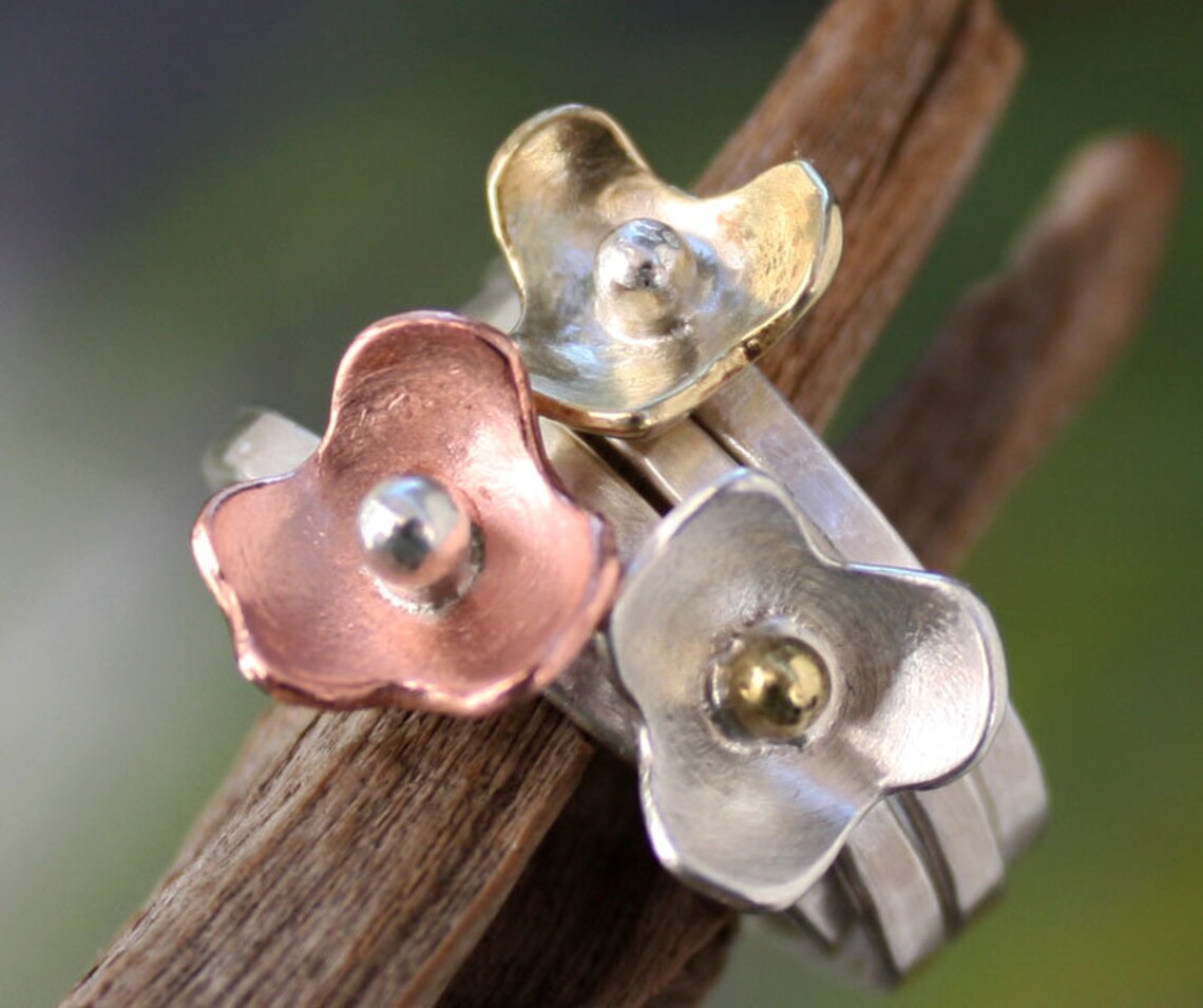 Stacking Ringssterling Silver Flower Setbouquethammered - Etsy