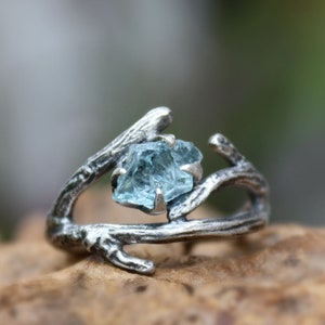 Aquamarine branch ring,sterling silver,handmade,rough stone,raw,uncut,March birthstone,made to order.