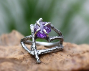 Rough amethyst branch ring raw gemstone uncut natural twig sterling silver statement,February birthstone, made to order