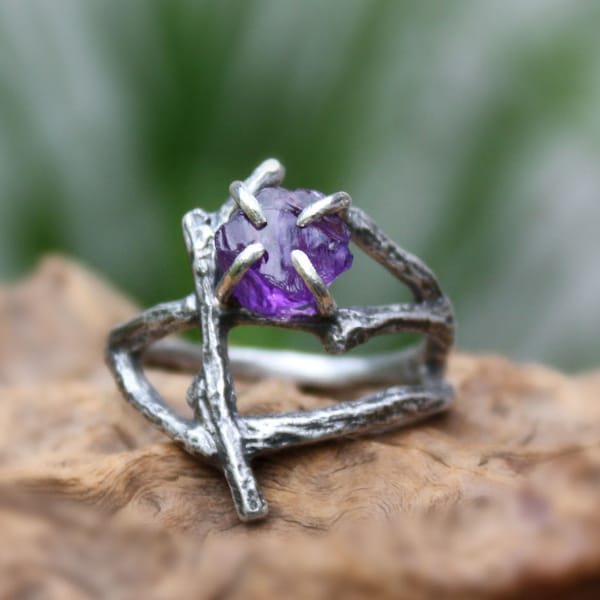 Rough amethyst branch ring raw gemstone uncut natural twig sterling silver statement,February birthstone, made to order