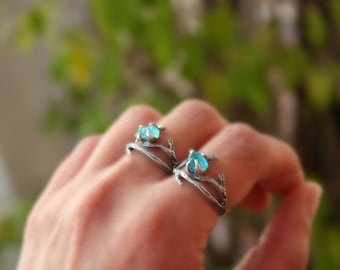 Apatite gemstone ring,branch ring,sterling silver,handmade,rough stone,raw,uncut,made to order.