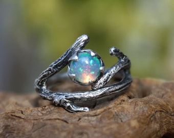 Opal ring,sterling silver branch ring,natural Ethiopian opal gemstone,twig ring,rainbow opal,October birthstone.