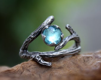 Branch ring with natural rose cut stone,Apatite,Aquamarine,Amethyst,Peridot,Garnet,Moonstone,Amber,handmade silver twig birthstone ring.