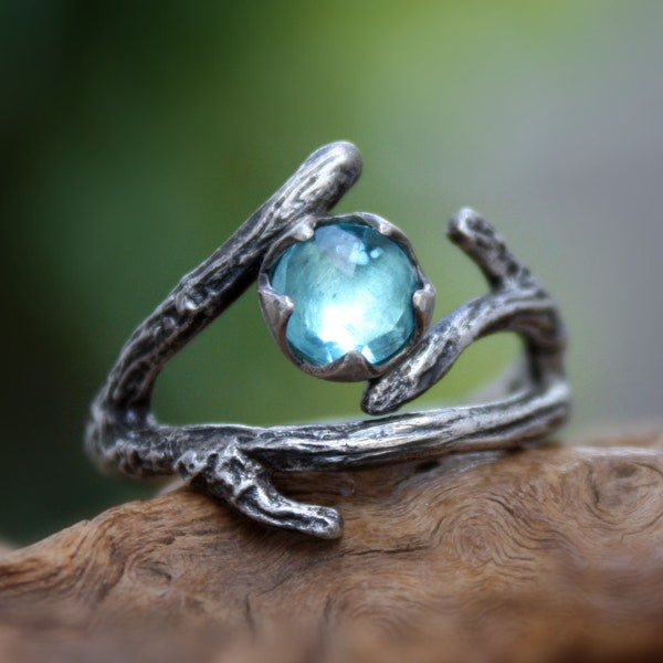 Branch ring with natural rose cut stone,Apatite,Aquamarine,Amethyst,Peridot,Garnet,Moonstone,Amber,handmade silver twig birthstone ring.