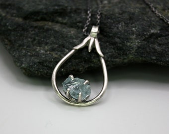 Raw Aquamarine sterling silver necklace,March birthstone.