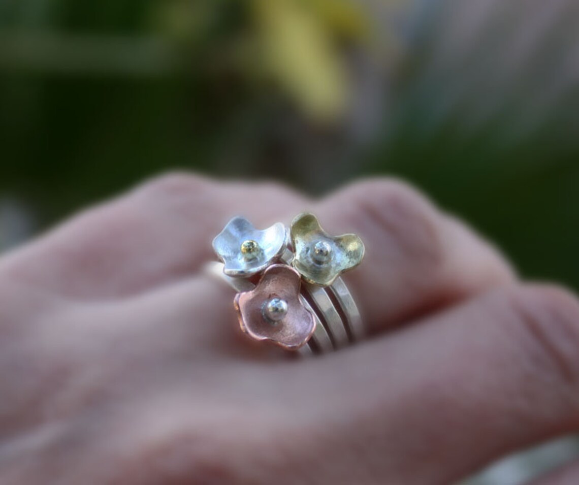 Stacking Ringssterling Silver Flower Setbouquethammered - Etsy
