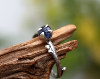 Sapphire raw gemstone twig ring-sterling silver handmade-natural rough uncut sapphire-September Birthstone ring-made to order.