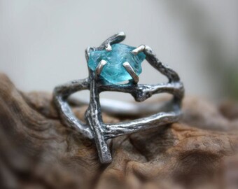 Rough apatite statement branch ring raw gemstone uncut natural twig sterling silver statement made to order