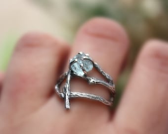 Rough Aquamarine gemstone branch ring raw uncut natural twig sterling silver statement handmade March Birthstone made to order