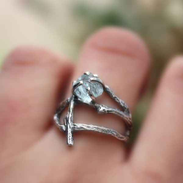 Rough Aquamarine gemstone branch ring raw uncut natural twig sterling silver statement handmade March Birthstone made to order