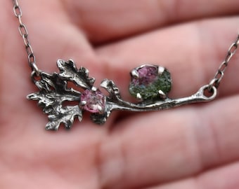 Raw watermelon and pink tourmaline leaf necklace,handmade,one of a kind.