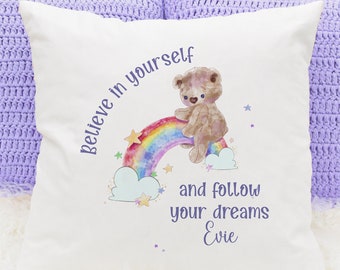 Teddy rainbow cushion, personalised gift, child's pillow, motivational and inspirational