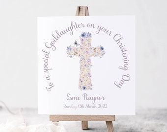 Goddaughter/Godson personalised Christening card. Floral cross. 6 x 6 linen look card with envelope.