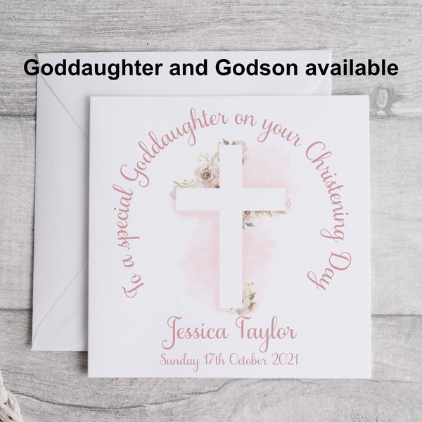 Goddaughter/Godson personalised Christening card. Pink and blue available. 6 x 6 linen look card with envelope.
