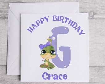 Dinosaur baby personalised birthday greeting card. 6 x 6 linen look card with envelope.