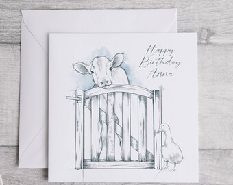 Personalised Birthday Card, Cow and Duck Sketch