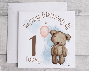 Birthday teddy bear in brown personalised birthday card. 6 x 6 linen look card with envelope. Matching badge available.