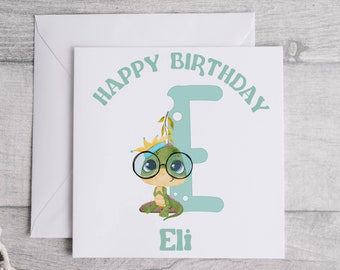 Dinosaur baby personalised birthday greeting card. 6 x 6 linen look card with envelope.