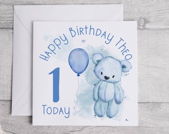 Personalised Blue Teddy Bear Birthday Card | Matching Badge