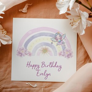 Personalised Rainbow Fairy Greeting Card, Linen Texture immagine 1