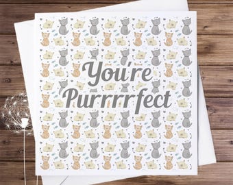 Cat Valentine Card, Cat Pattern, You're Purrfect, Quirky Cats
