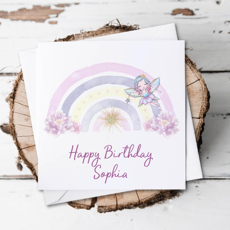 Personalised Rainbow Fairy Greeting Card, Linen Texture immagine 4
