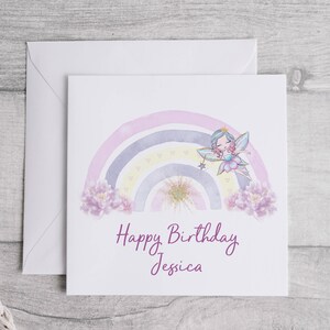 Personalised Rainbow Fairy Greeting Card, Linen Texture immagine 2