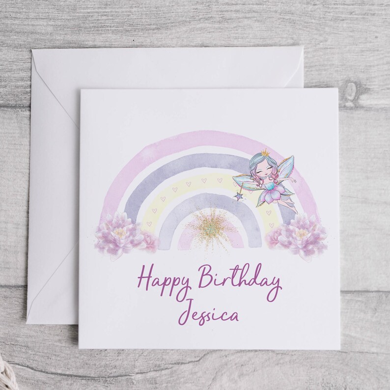 Personalised Rainbow Fairy Greeting Card, Linen Texture immagine 2