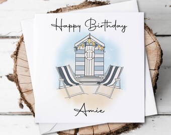 Personalised Beach Hut Birthday Card, Seaside Theme