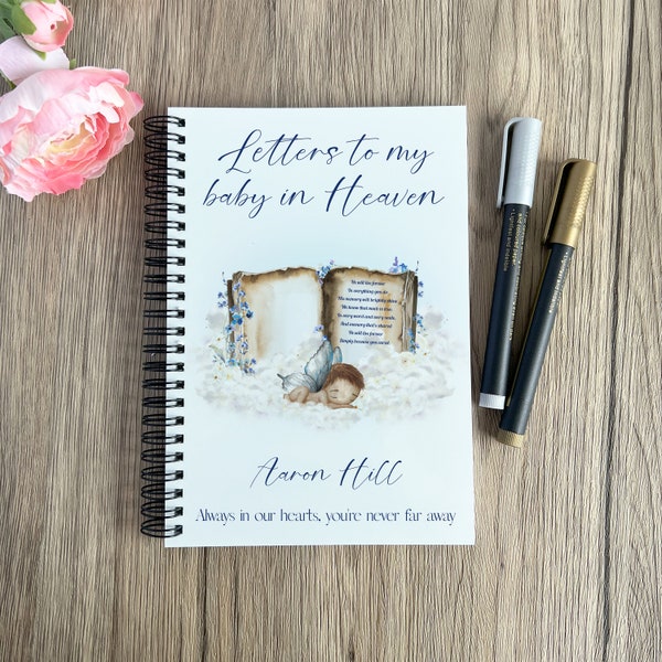 Personalised memorial notebook, baby loss journal, keepsake book, baby boy, letters to heaven, angel wings